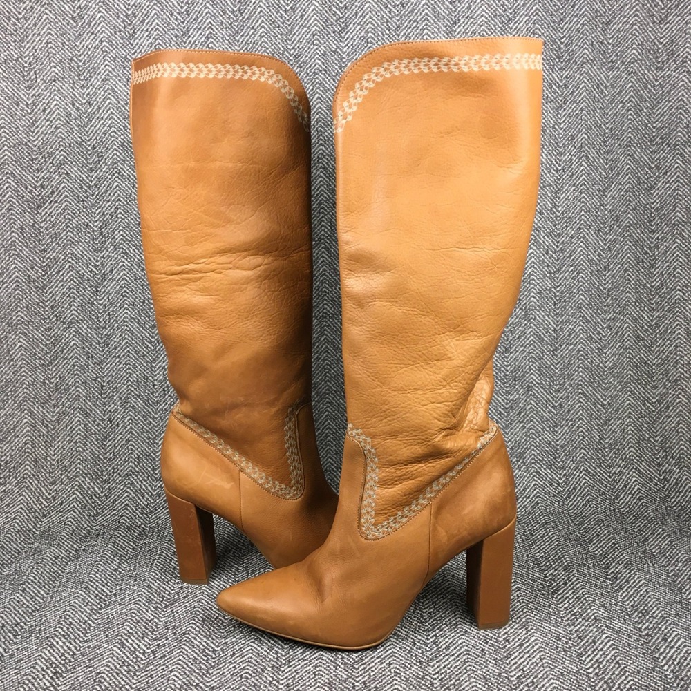 Anthropologie Tan Leather Tall Block Heel Boots Made Spain Sz 41 (10/10.5 US) - Picture 4 of 10